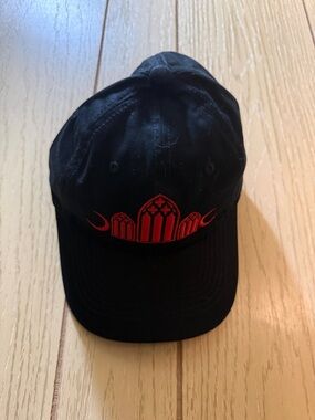 Black Baseball Cap with Red Embroidered Gothic Motif